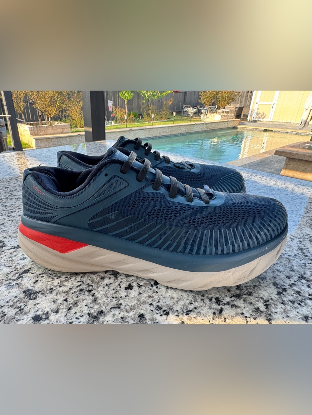Hoka One One Men's Navy Blue Mesh Running Shoes with Red Accent